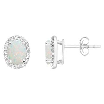 7x5mm Oval Created Opal And Created White Sapphire 10k White Gold Halo
Stud Earrings