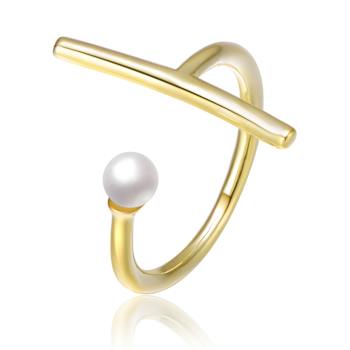 Asymmetrical Pear Shape Pearl Open Ring In 14K Gold Over Brass