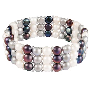 6-7mm Black, Silver, and White Cultured Freshwater Pearl Silver  Bracelet