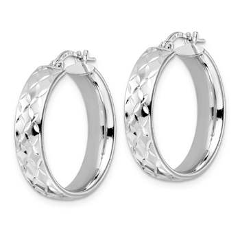 Rhodium Over Sterling Silver 1 1/16" Polished Diamond-Cut Hoop Earrings