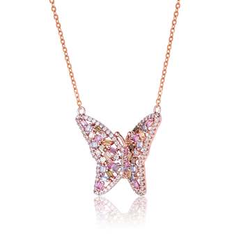 Multi-Color CZ Butterfly Station Necklace In 18K Rose Gold Over Sterling Silver