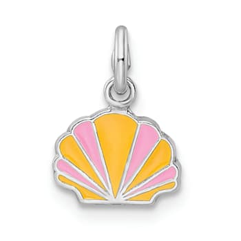 Rhodium Over Sterling Silver Pink and Orange Enameled Shell Children's Pendant