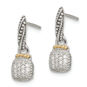 Sterling Silver Antiqued with 14K Accent Diamond Dangle Post Earrings