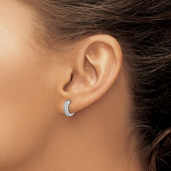 Rhodium Over 14K White Gold Lab Grown Diamond Milgrain Hinged Hoop Earrings