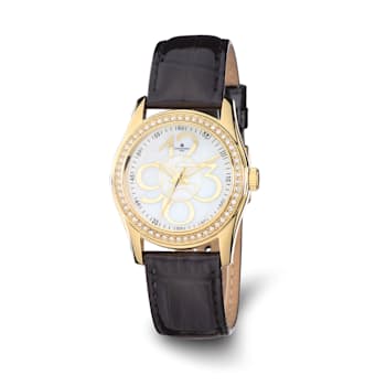 Charles Hubert Ladies IP Plated Crystal Bezel Black Leather Watch