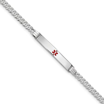 Rhodium Over 14k White Gold Medical Red Enamel Flat Curb Link ID Bracelet