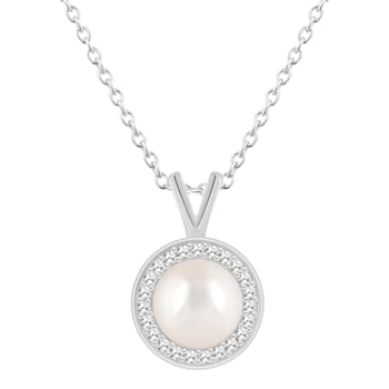 7mm Cultured Freshwater Pearl 1/8 ctw Diamond Rhodium Over Sterling
Silver Halo Pendant with Chain