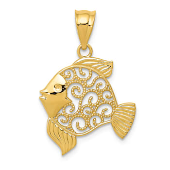 14k Yellow Gold Textured Filigree Fish Pendant