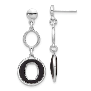Rhodium Over Sterling Silver Polished Black Circle Post Dangle Earrings
