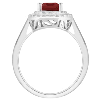 8x6mm Emerald Cut Garnet And White Topaz Accents Rhodium Over Sterling
Silver Double Halo Ring