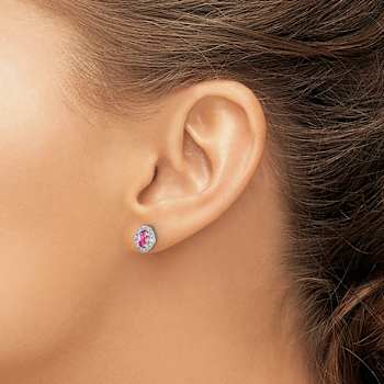 Rhodium Over 14K White Gold Diamond and Cabochon Pink Tourmaline Earrings