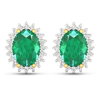 2.0ctw 14K Yellow Gold  Zambian Green Emerald and White Diamond Halo Earrings