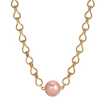Yellow Base Metal Peach Faux Pearl Bead Necklace 16 inch