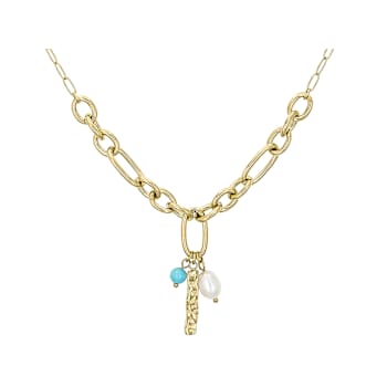 Turquoise Simulant And Freshwater Pearl Charm Necklace In Gold-Tone 18 Inch