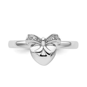 Rhodium Over Sterling Silver Stackable Heart with Bow Diamond Ring