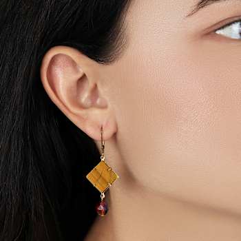 Square Semi-Precious & Round Bead Drop Earrings