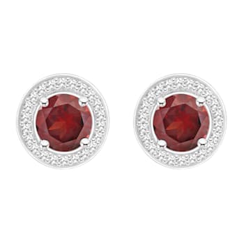 6mm Round Garnet 1/5 ctw Diamond Rhodium Over Sterling Silver Halo Stud Earrings