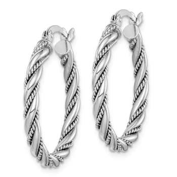 Rhodium Over Sterling Silver Textured 2.5x25mm Twisted Hoop Earrings