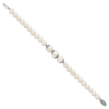 Rhodium Over Sterling Silver 7-10mm White Freshwater Cultured Pearl
Fancy Bracelet
