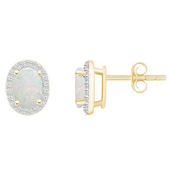 7x5mm Oval Created Opal And Created White Sapphire 10k Yellow Gold Halo
Stud Earrings
