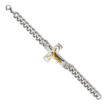 Stainless Steel Polished Yellow IP-plated Crucifix Bracelet