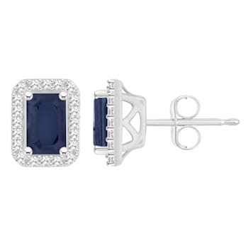6x4mm Emerald Cut Sapphire 1/5 ctw Diamond Rhodium Over Sterling Silver
Halo Stud Earrings