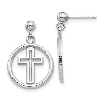 Rhodium Over 14k White Gold Polished Eternal Life Cross Dangle Earrings