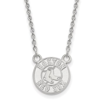 Rhodium Over Sterling Silver MLB LogoArt Boston Red Sox Pendant Necklace