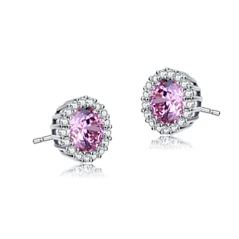 Pink CZ Halo Stud Earrings In Sterling Silver