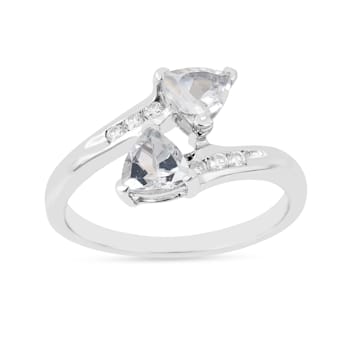 Trillion Aquamarine and White Topaz 2-Stone Rhodium Over Sterling Silver
Bypass Ring 1.22ctw