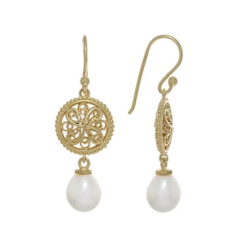 Cultured Freshwater Pearl Lace Earrings In 18K Gold Over Sterling Silver 8-9mm