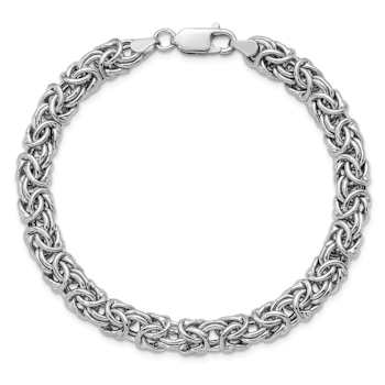 Rhodium Over Sterling Silver 7.5mm Hollow Byzantine 8 Inch Bracelet