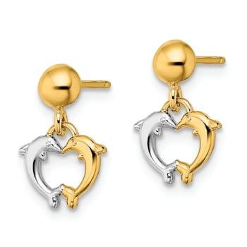 14k Yellow Gold and Rhodium Over 14k Yellow Gold Dolphin Dangle Earrings