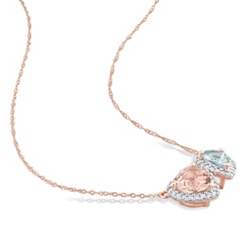 1.95ctw Morganite, Aquamarine And Diamond 10k Rose Gold Pendant With Chain