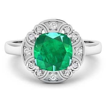 Green Emerald and White Diamond 14K White Gold Halo Ring 2.16 ctw
