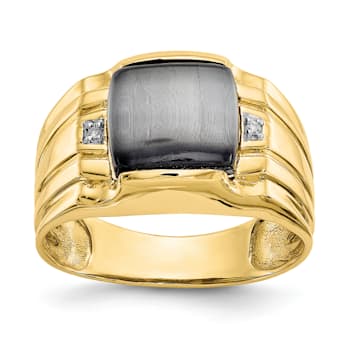10K Yellow Gold Gray Onyx Cats Eye and 0.01ct Diamond Men's Ring