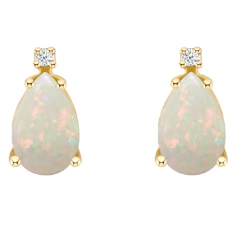 8x5mm Pear Shape Opal with Diamond Accents 14k Yellow Gold Stud Earrings