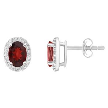 7x5mm Oval Garnet And Created White Sapphire 10k White Gold Halo Stud Earrings