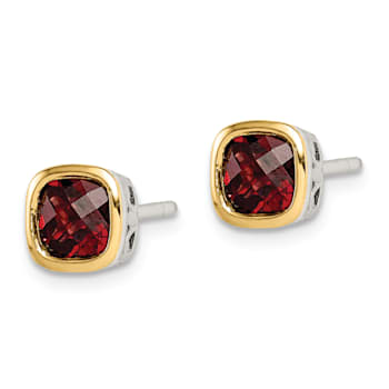 Rhodium Over Sterling Silver with 14k Accent Garnet Square Stud Earrings