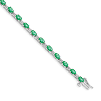 Rhodium Over 14k White Gold Diamond and Emerald Bracelet