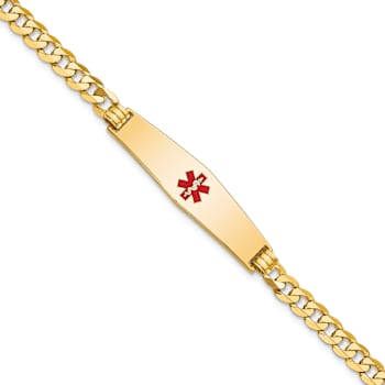 14k Yellow Gold Medical Soft Diamond Shape Red Enamel Flat Curb Link ID Bracelet