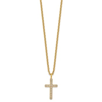White Cubic Zirconia Stainless Steel Polished Yellow IP-plated Men's
Cross Pendant With Chain