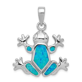 Rhodium Over Sterling Silver Blue Inlay Lab Created Opal Frog Pendant
