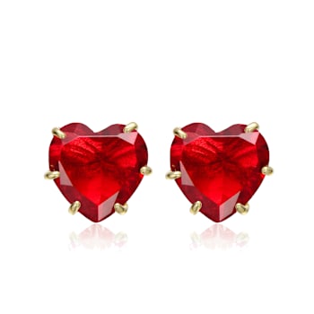 Ruby Color CZ Heart Shape Stud Earrings In 14K Gold Over Brass