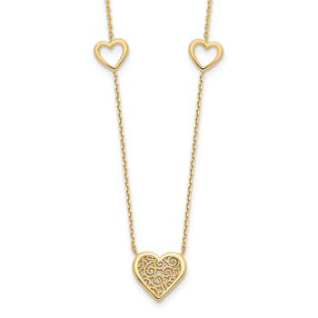 14k Yellow Gold Polished and Filigree Patterned Textured Heart Stations
Cable Link 17 Inch Necklace