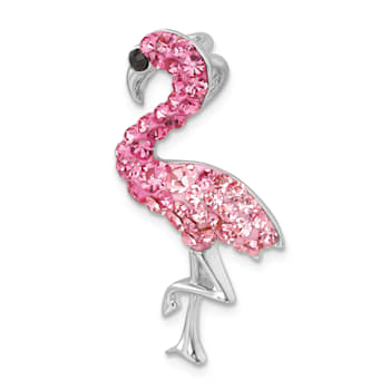 Rhodium Over Sterling Silver Polished Pink Crystal Flamingo Slide Pendant