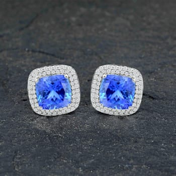 14K White Gold Rectangular Cushion Tanzanite and Diamond Earrings 5.51ctw