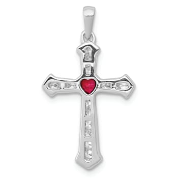 Rhodium Over 14k White Gold Ruby and Diamond Heart Cross Pendant