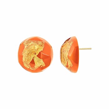 14K Yellow Gold Over Sterling Silver Gold Leaf Button Stud Acrylic
Earrings in Coral
