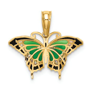 14k Yellow Gold Small Green Enameled Butterfly Pendant